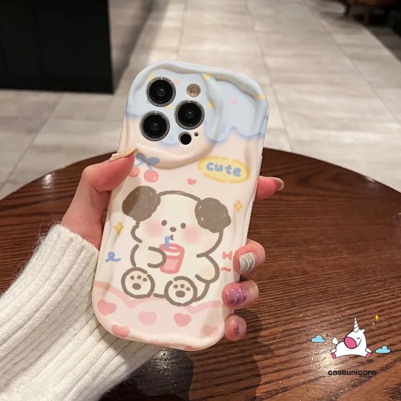 IPHONE Casing Ponsel Kartun Kompatibel Untuk Iphone11 14 12 13 Pro Max XR X7 8 6s 6 Plus XS Max SE 2020 7Plus 8Plus Shockproof Glossy 3D Wavy Curved Edge Cute Dog Soft Cover