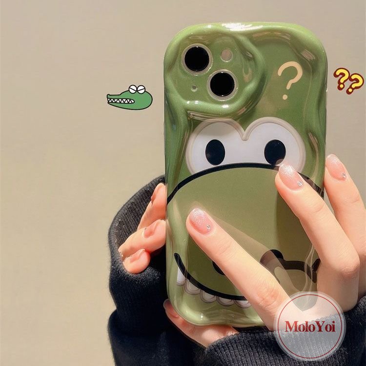 IPHONE Case Dinosaurus Kecil Lucu Kompatibel Untuk Iphone11 7 8 6s 6 Plus 12 13 14 Pro Max XR X XS Max SE 2020 Kartun 3D Wavy Curved Edge Glossy Shockproof Tpu Soft Cover