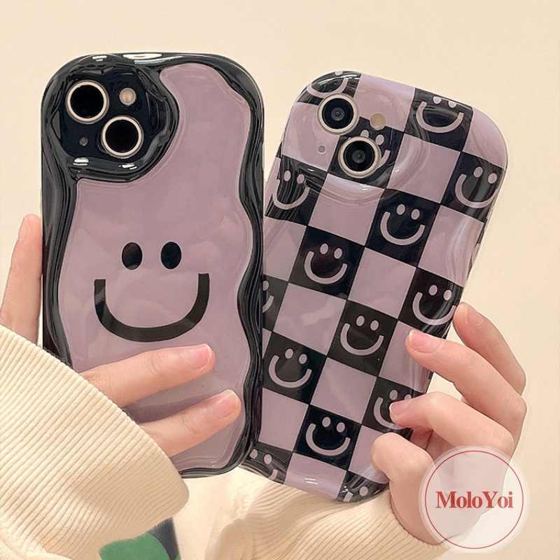 Casing 3D Wavy Curved Edge Checkerboard Cute Smile Kompatibel Untuk iPhone 7Plus 8Plus 11 14 12 13 Pro Max XR X 7 8 6s 6 Plus XS Max SE 2020 Kartun Smiley Lembut Shockproof Glossy Cover