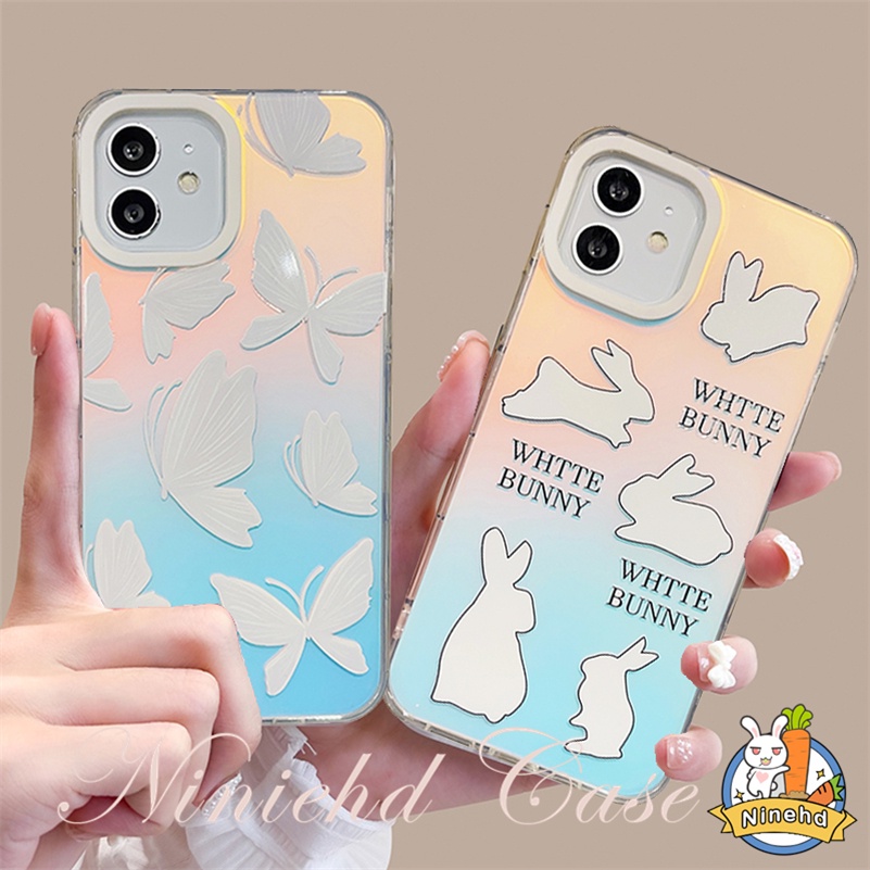 Kualitas Tinggi Laser IPhone Case Kompatibel Untuk Iphone14 13 12 11 Pro Max X Xr Xs Max 8 7 6 Plus SE 2020 Putih Kupu-Kupu Double-layer Printing Phone Case Shockproof Soft TPU Cover