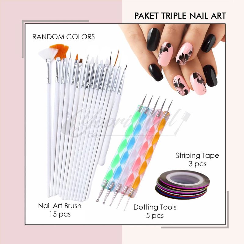 Paket triple nail art kuas nail brush dotting tools striping tape 3pcs paket hemat