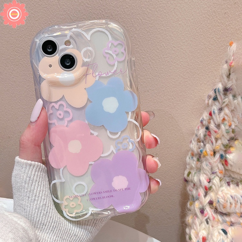 Casing 3D Wavy Curved Edge Glossy Colorful Fresh Flowers Cocok Untuk iPhone 7Plus XR 11 14 12 13 Pro Max X7 8 6s 6 Plus XS Max SE 2020 Shockproof Soft Tpu Cover Case