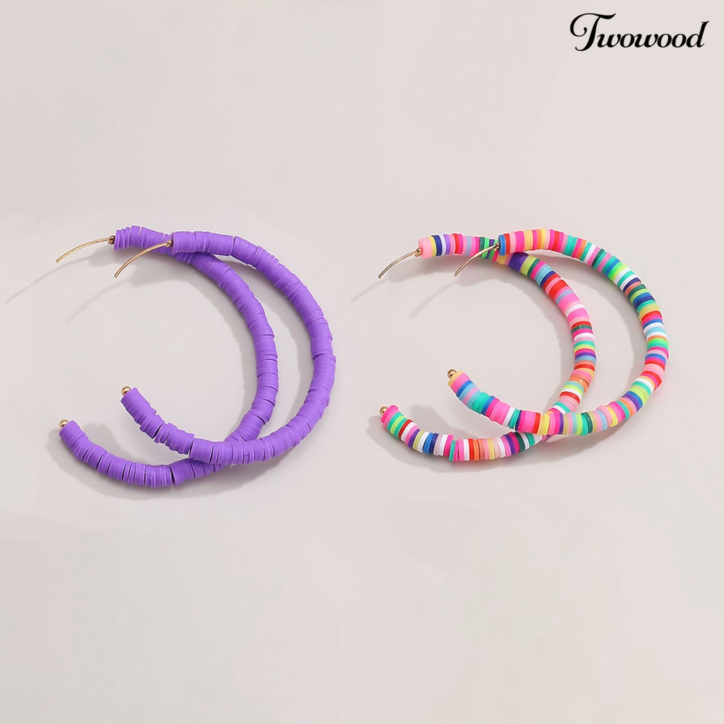 Twowood 1pasang All-match Wanita Warna Pelangi Polymer Clay Bohemian Hoop Stud Earring Untuk Outdoor