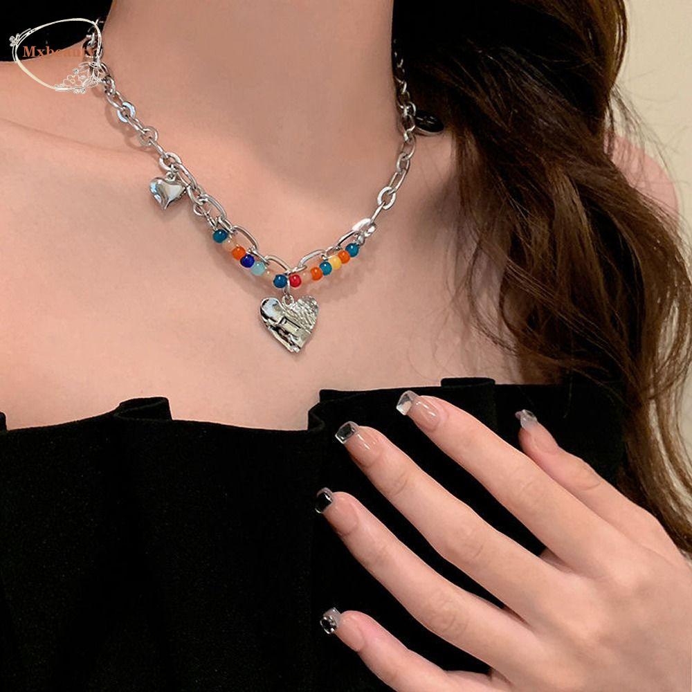 Mxbeauty Y2K Wanita Kalung Trendi Indah Halus Mutiara Busur Hati Tergantung Manik-Manik Paduan Gadis Choker