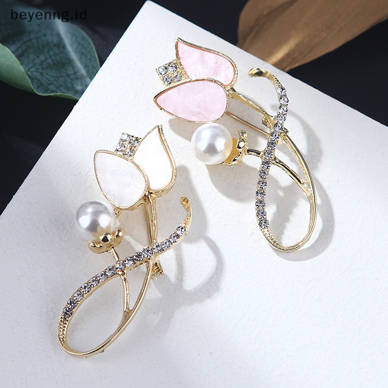 Beyen Mutiara Berlian Imitasi Tulip Bunga Bros Pin Perhiasan Pakaian Dekorasi Unisex ID