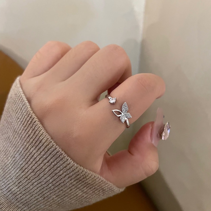 Cincin Terbuka Kupu-Kupu Bahan Alloy Zircon Korea Untuk Wanita