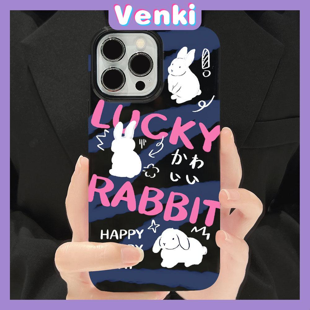 VENKI - For iPhone 11 Phone Case Black Glossy TPU Soft Case Shockproof Protection Camera Cute Little White Rabbit Compatible with iPhone 14 13 Pro max 12 Pro Max xr xs max 7 8 Plus