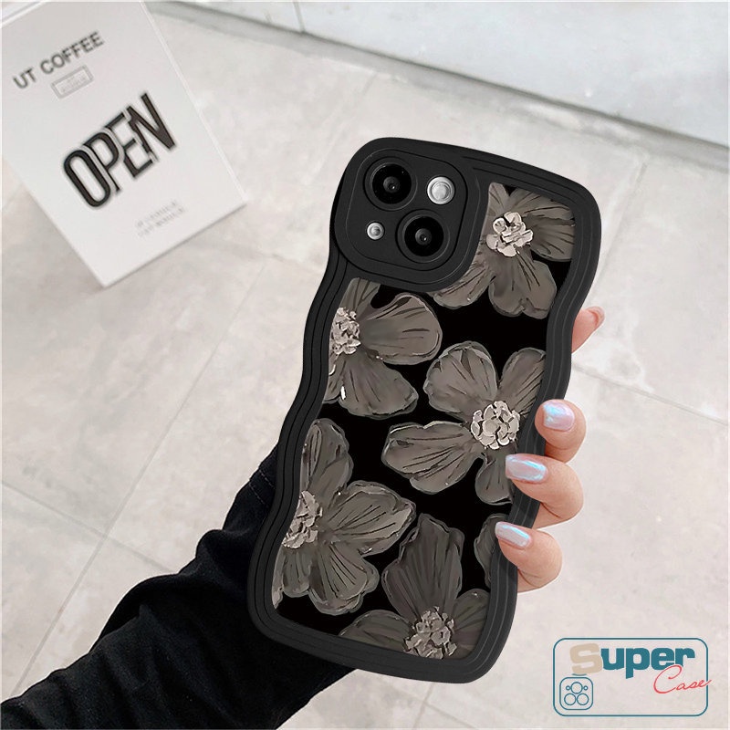 Fashion Art Fresh Flower Soft Tpu Wavy Edge Case Kompatibel Untuk iPhone XR 7Plus 11 Pro Max X XS Max 13 14 12 Pro Max7 8 6s 14 6 Plus SE 2020 Hitam Ungu Cat Minyak Floral Cover