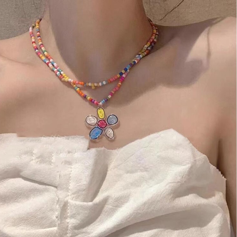 Roselife Korea Tahan Air Musim Panas Mode Double Layer Warna-Warni Manik-Manik Rantai Graffiti Bunga Liontin Kalung Untuk Wanita Perempuan Pelangi Bunga Kalung Liburan Perhiasan