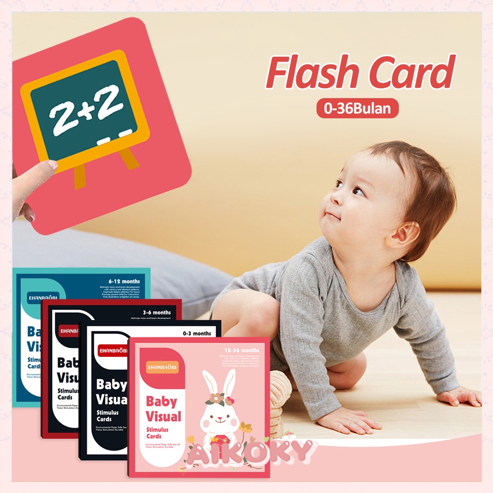 Aikoky 0-12 Bulan Visual Flash Card Bayi / Mainan Edukasi Kartu Pintar Stimulasi Bayi