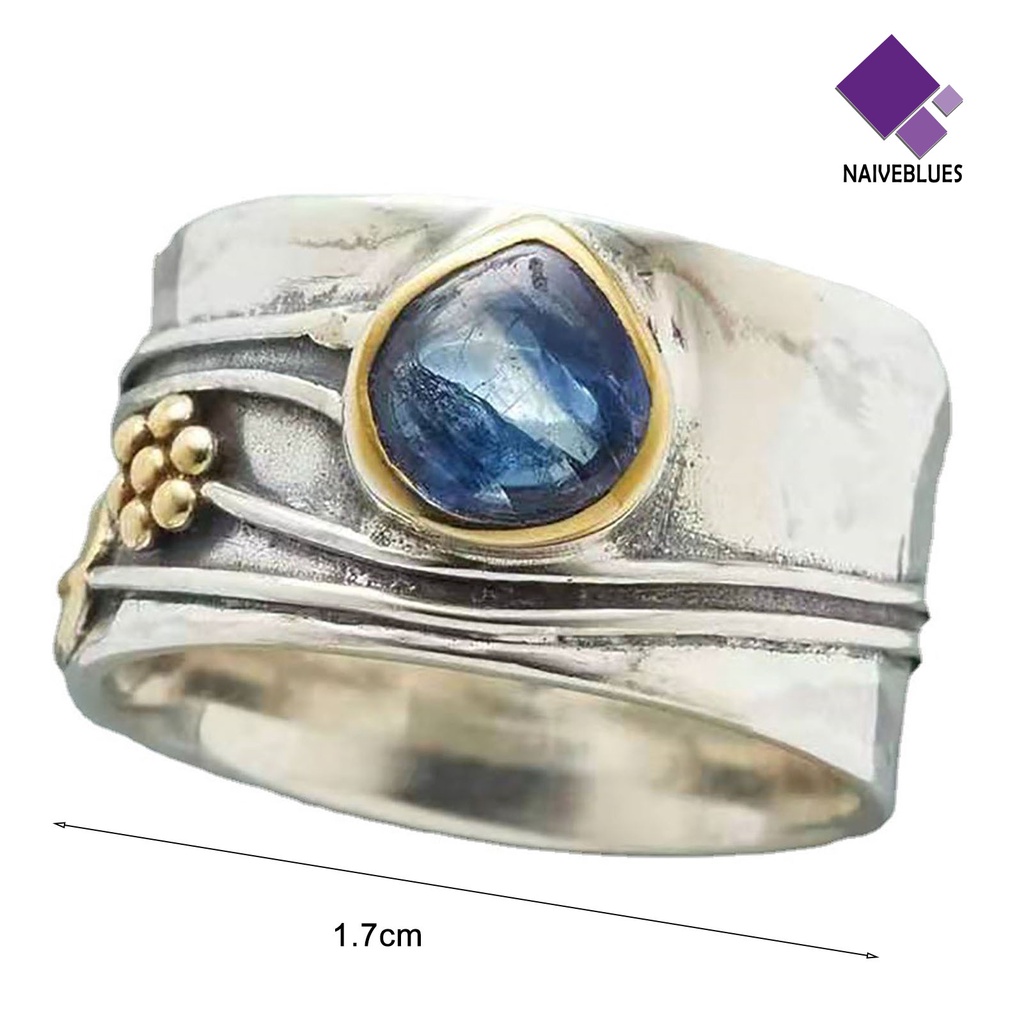 &lt; Naiveblues &gt; Cincin Vintage Two-tone Pernyataan Sederhana Biru Permata Imitasi Daun Jari Cincin Aksesoris