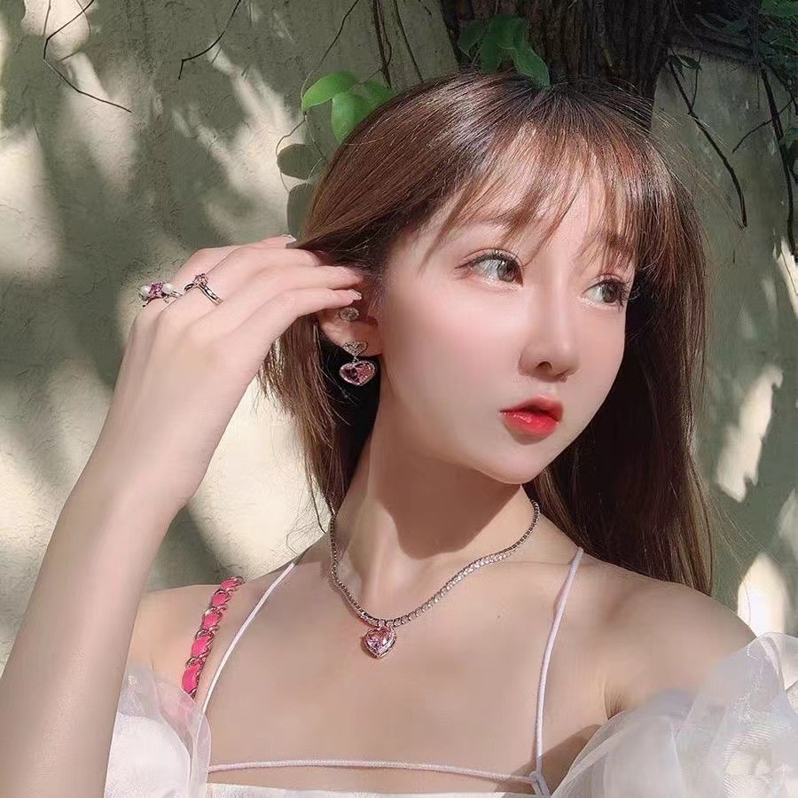 Pink Glitter Berlian Imitasi Bentuk Hati Liontin Kalung/ Manis Keren Berlian Cinta Kalung/ Temperamen Pasangan Perhiasan Hadiah