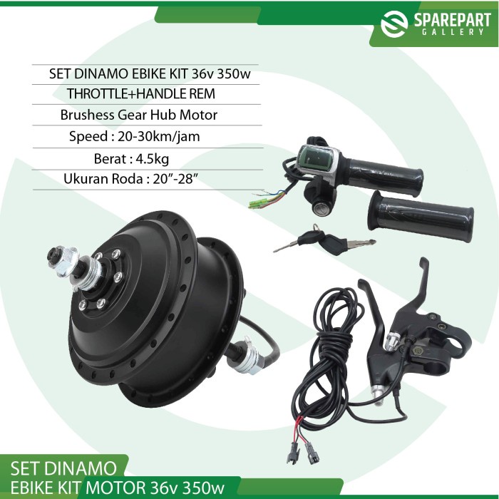 Set Ebike Kit Dinamo bldc 36v 350w, Throttle dan Handle rem