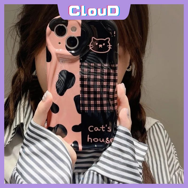 Casing 3D Wavy Curved Edge Glossy Cute Cat Kompatibel Untuk IPhone 7Plus 11 14 13 12 Pro Max XR 76 8 6s Plus X XS Max SE 2020 Shockproof Airbag Leopard Kotak-Kotak Soft Cover
