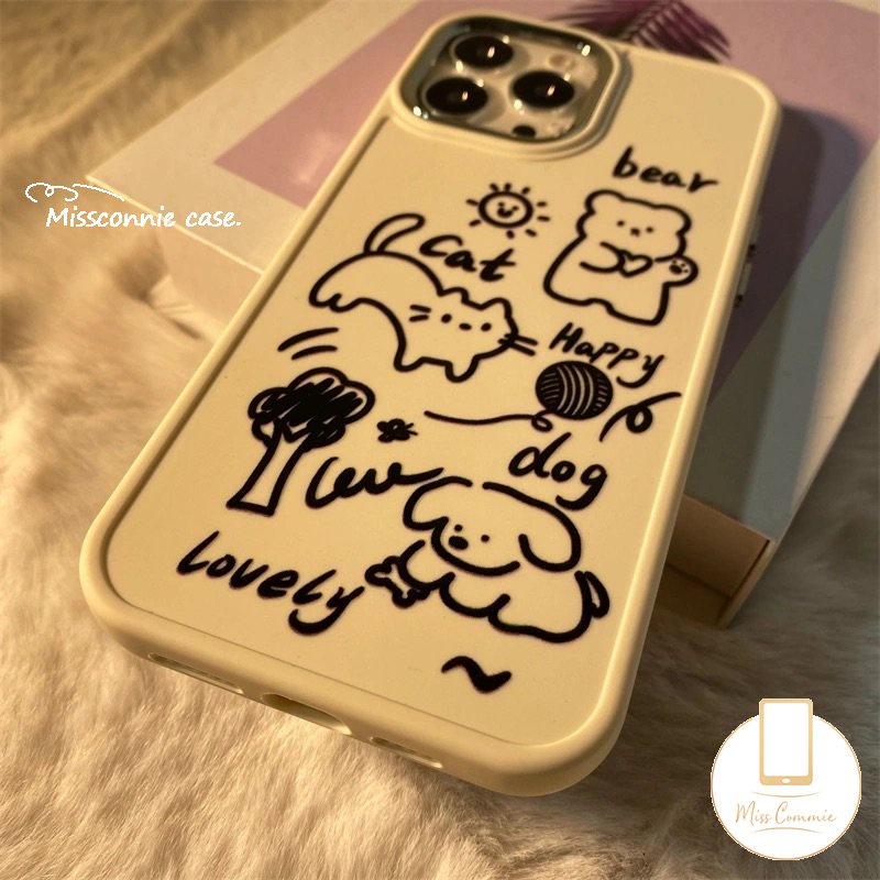 IPHONE Graffiti Lucu Kartun Beruang Ponsel Case Kompatibel Untuk Iphone11 14 13 12 Pro Max 8Plus 7Plus XR 87 Plus X XS Max Indah Kucing Anjing Logam Bingkai Lensa Lembut Tpu Cover