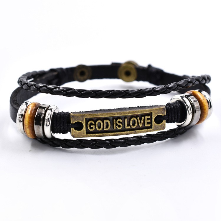 [X C Gelang] Baru Emas Itu Cinta Surat Gelang Kulit Hitam Vintage Hip Hop Punk Gelang Kulit Cuffles Manik-Manik Multilayer Zinc Alloy Anyaman Gelang