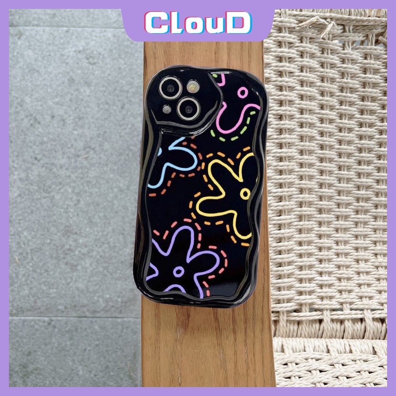 3d Wavy Curved Edge Shockproof Glossy Floral Phone Case Kompatibel Untuk iPhone 7Plus XR X11 14 12 13 Pro Max 6s 6 7 8 Plus XS Max SE 2020 Fashion Garis Sederhana Bunga Soft Cover