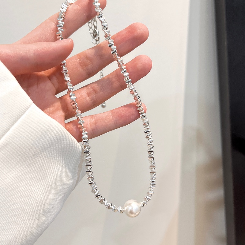 Papaozhu Elegan S925 Perak Mengkilap Kecil Payet Mutiara Liontin Choker Kalung Untuk Wanita Perempuan Chic Berkilau Glitters Tulang Selangka Rantai Kalung Engagment Dinner Pesta Perhiasan