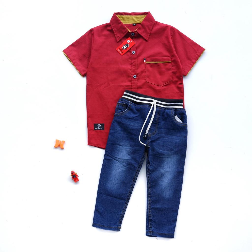 Set Kemeja Anak Setelan Kelvin Celana Jeans Jins Anak Laki Cowok 2-8 Th