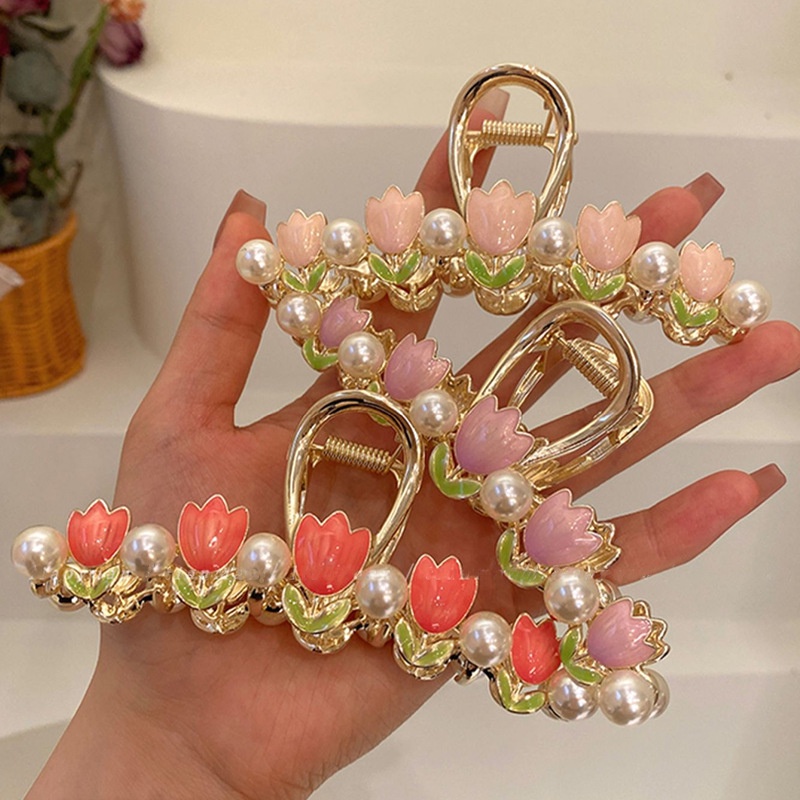 11 cm Tulip Logam Jepit Rambut Hair Claw Fashion Mutiara Hair Clip Aksesoris Rambut Wanita