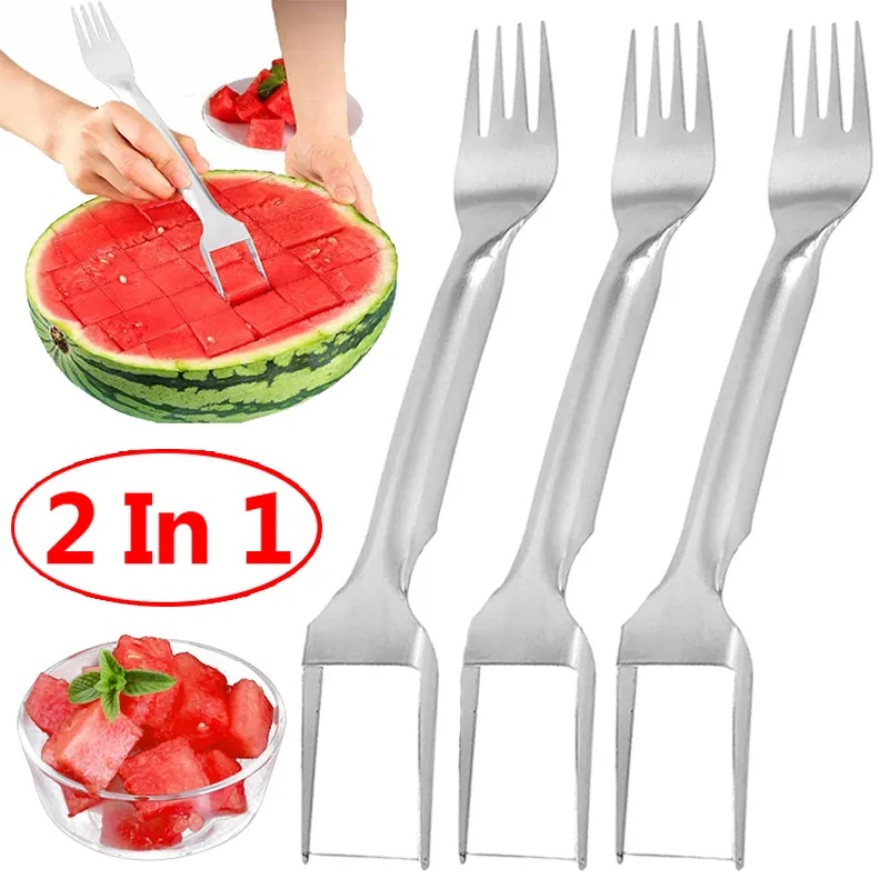 2in1 Watermelon Fork Slicer/Pisau Pemotong Pengiris Semangka Stainless Steel/Pemotong Buah Serbaguna Aksesoris Dapur