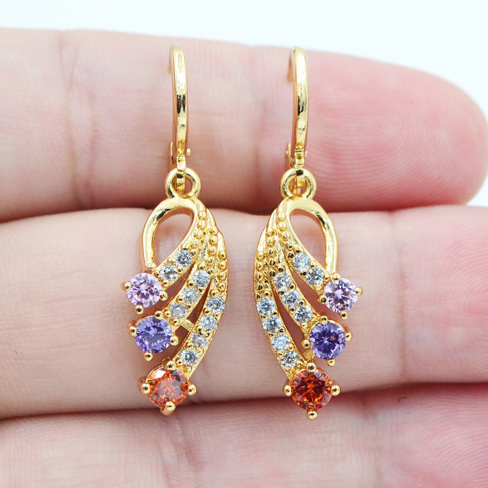 Aksesoris Perhiasan Fashion Goldkingdom Ready Stock Lapis Emas Berwarna Batu Permata Sayap Anting earrings