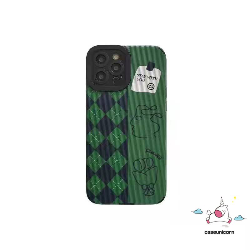 IPHONE Luxury Retro Hijau Ringer Lattice Shockproof Case Kompatibel Untuk Iphone11 13 XR 12 14 Pro 7Plus Max7 8 Plus X XS MAX Retro Flowers Trendi Merek D.I.O.R Lembut Tekstur Kulit Cover