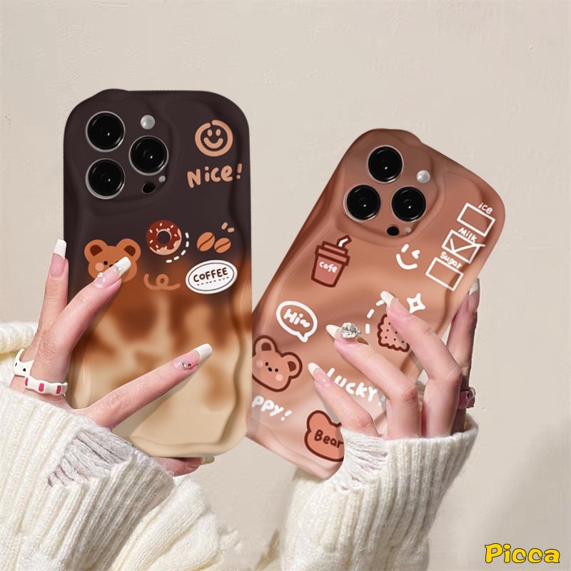 Casing Tepi Melengkung Bergelombang 3D Untuk Redmi 9A 10C 9T 9C 10 9 A1 10A 9C NFC A2 Redmi Note 11 10 8 9 11s 10s 10Pro 10 Pro Max Plus POCO M3 Kartun Beruang Lucu Kopi Donat Gradasi Lembut Sarung