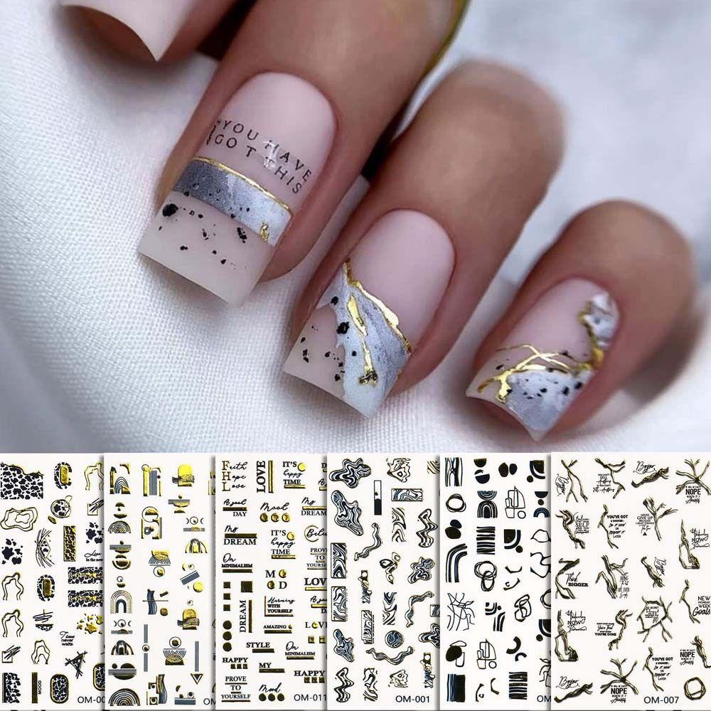 AUGUSTINA Stiker Kuku Huruf Inggris Agustina Garis Bronzing Leopard Print Self Adhesive Dekorasi Kuku