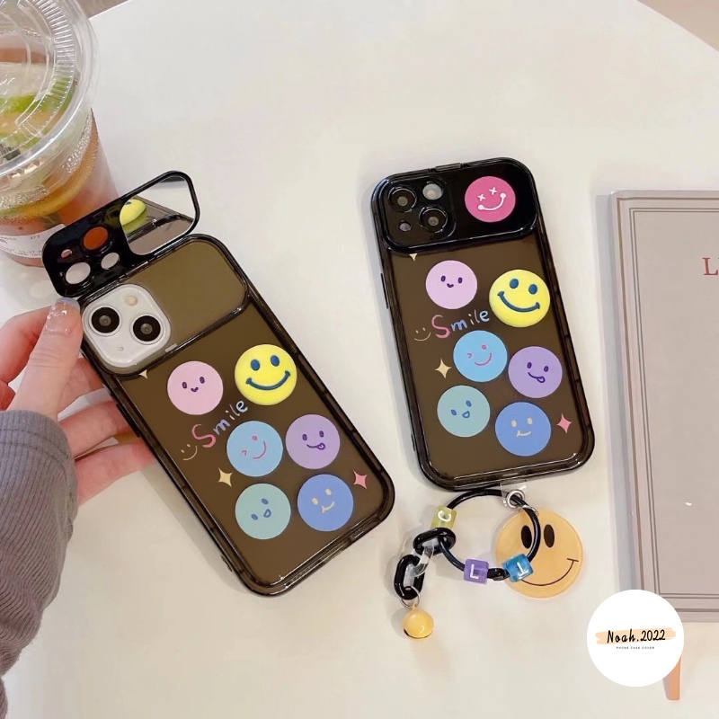 IPHONE Kartun Lucu Smiley Case Dengan Gelang Kompatibel Untuk Iphone11 Pro MAX XR 78 Plus 14 12 13 Pro MAX X XS MAX SE 2020 Kreatif Flip Make Up Cermin Shockproof Soft TPU Case