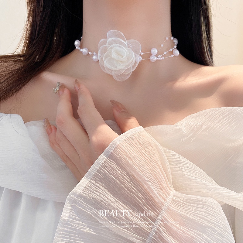 Mutiara Multilayer Kalung Untuk Wanita Hitam Putih Phantom Bunga Renda Choker Aksesoris Perhiasan