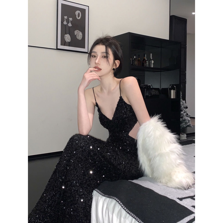 Korean version cut-out sexy sequin suspender dress for women's dress