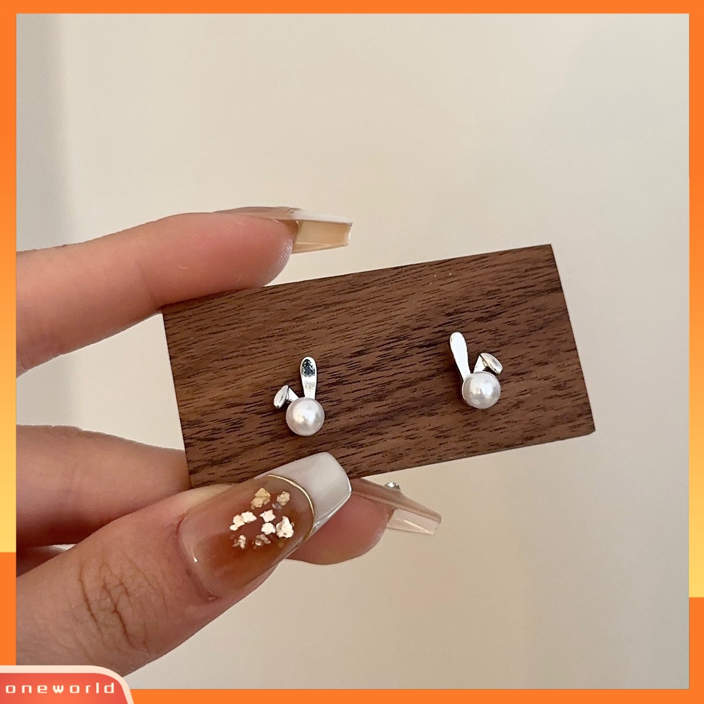 [ONE] 1pasang Cute Rabbit Ear Studs Shiny Faux Pearl Kecil Alloy Wanita Remaja Perempuan Stud Earrings Fashion Perhiasan Hadiah