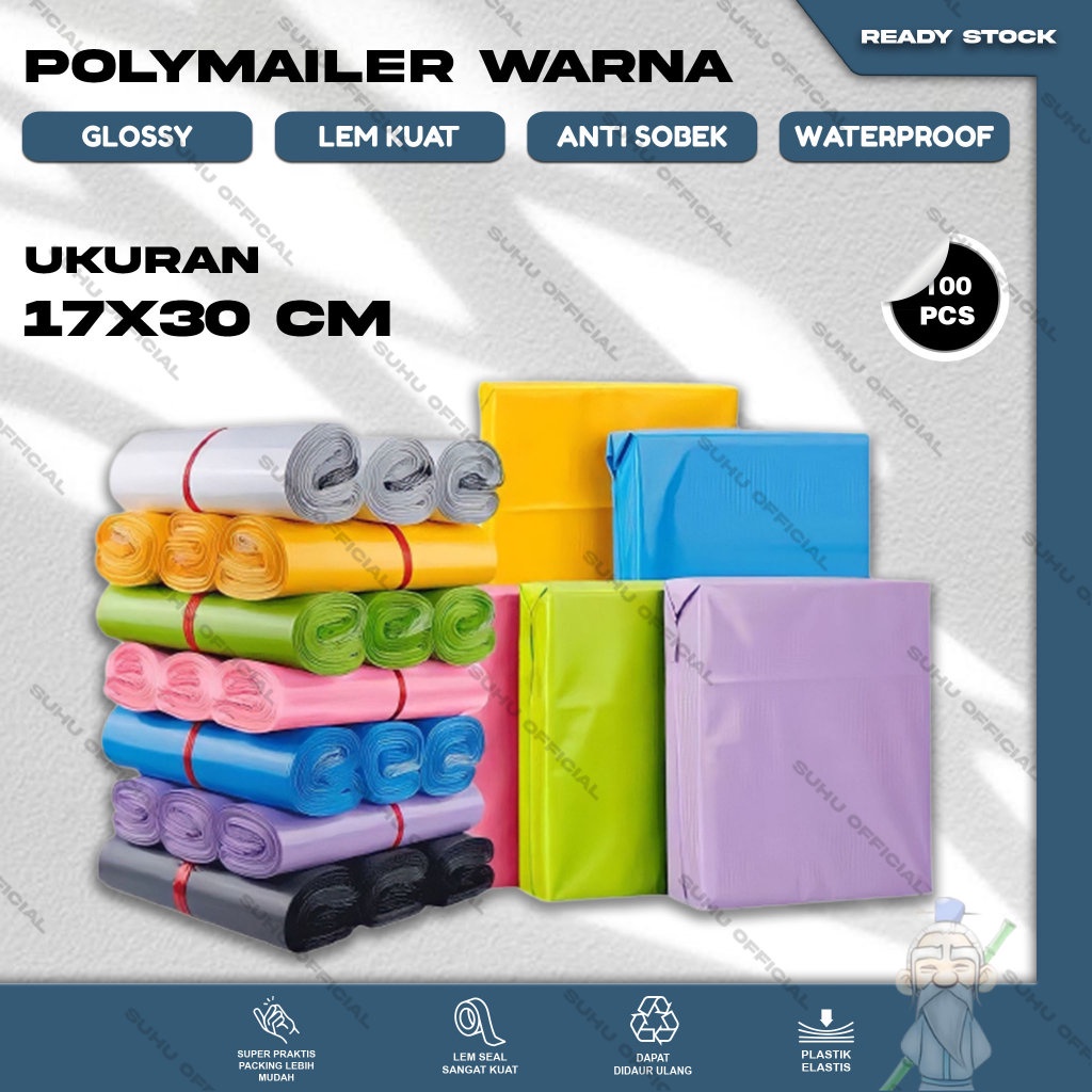 Plastik Packing Baju Kantong POLYMAILER Olshop isi 100 Lembar Glossy Grade A &amp; B Warna Warni Ukuran 17X30