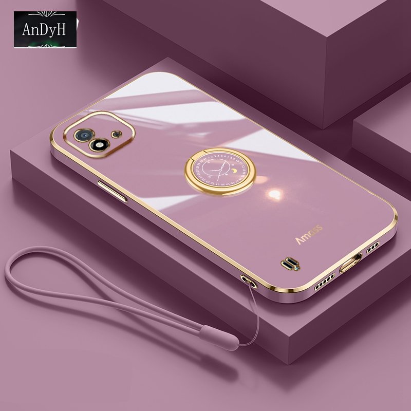 Andyh Casing Ponsel Silikon Ultra Tipis Untuk OPPO Realme C20 C20A C11 2021 Deluxe Perlindungan Jatuh Band Emas Dengan Jam Cincin Dan Lanyard Gratis