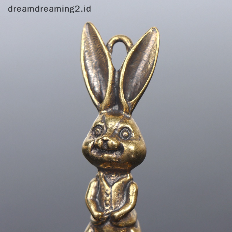 (drea) Kuningan Keyring Pendant Animal Rabbit Figure Keychain Ornamen Patung Kelinci Keberuntungan Retro Patung Dekorasi Desktop Rumah //