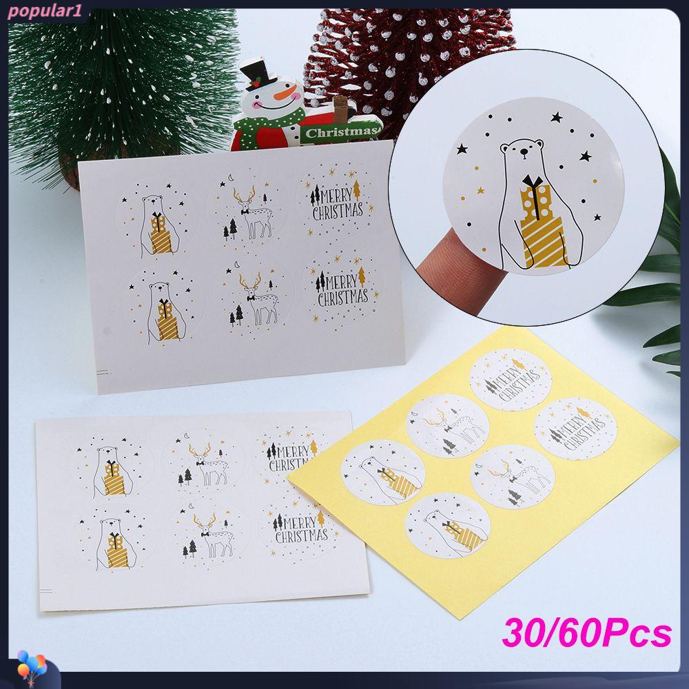 Populer 30/60Pcs Kertas Hadiah Stiker Hiasan Kue Elk Gift Box Bear &amp; Deer Festival Dekorasi Sealing Craft Merry Christmas