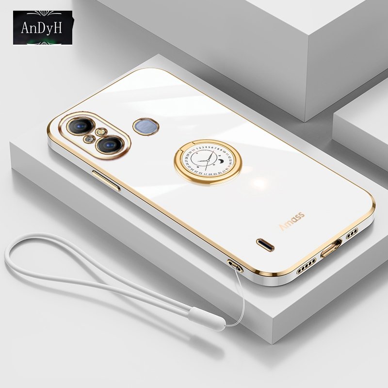 Andyh Casing Ponsel Silikon Ultra Tipis Untuk Infinix ITEL A48 A49 A58 Deluxe Fall Protection Gold Band Dengan Cincin Jam Dan Lanyard Gratis