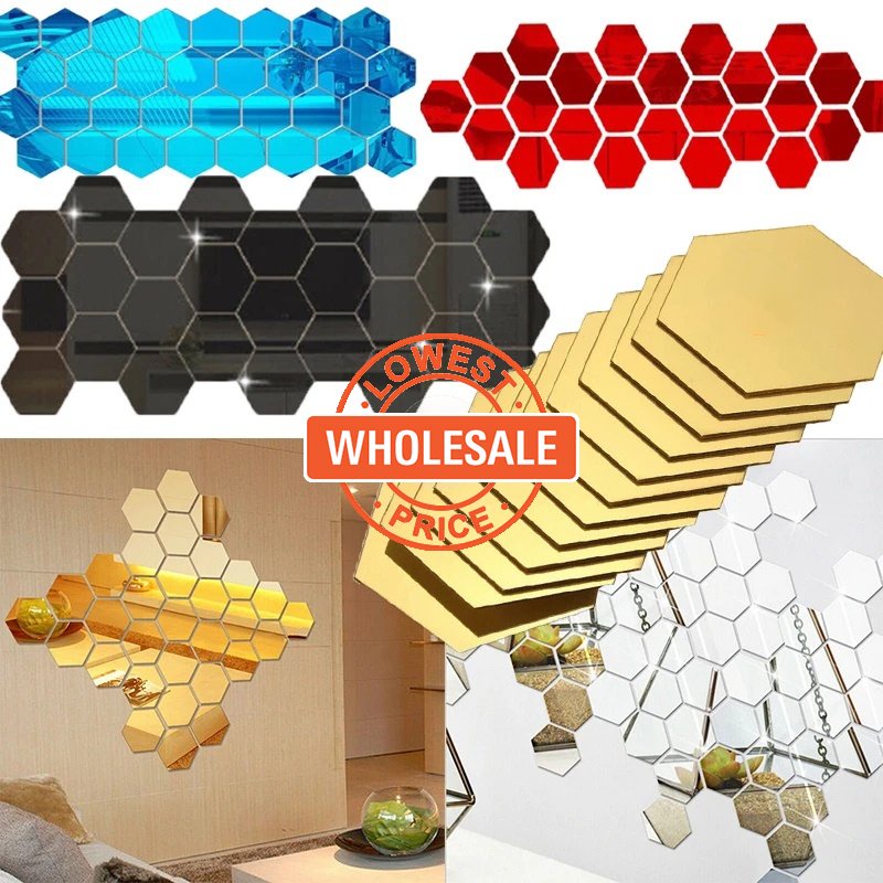 [Harga Grosir]3d Cermin Geometris Stiker Dinding Warna-Warni Hexagon Acrylic Mirror Sticker Removable Self Adhesive Mosaic Tiles Decals DIY Dekorasi Rumah Kamar Tidur Ruang Tamu Seni Cermin