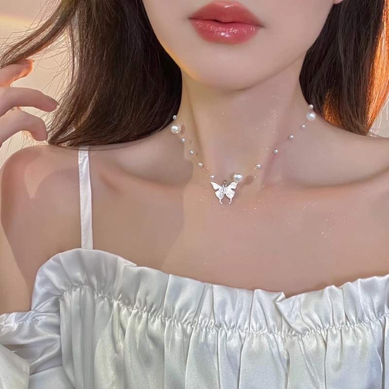 Roselife Halus Besar Kecil Mutiara Manik-Manik Tahan Air Transparan Rantai Choker S925 Perak Kupu-Kupu Liontin Kalung Untuk Wanita Gadis Elegan Pesona Pendek Kalung Perhiasan Hadiah