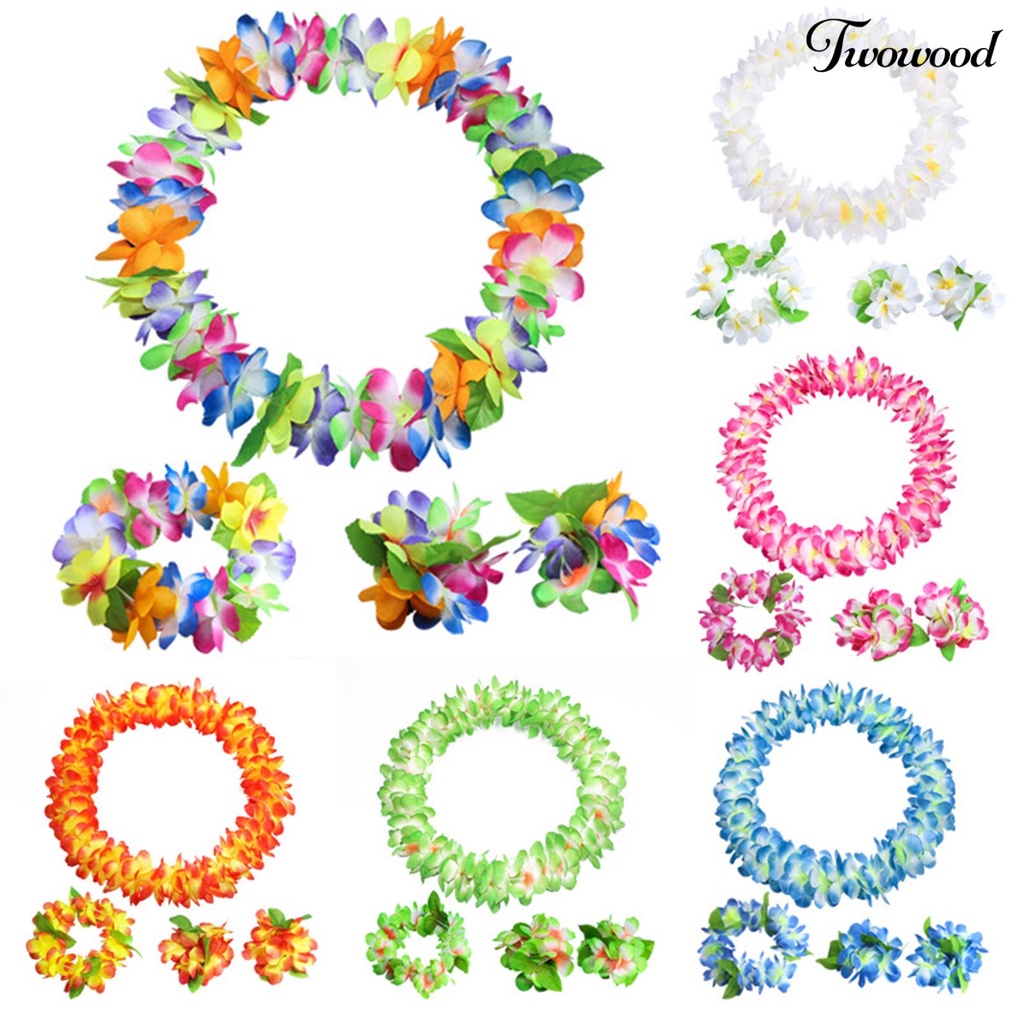 Twowood 4Pcs/Set Penebalan Warna Vibrant 80Pcs Flower Hawaii Garland Hawaii Bunga Kalung Bando Gelang Lei Perlengkapan Pesta