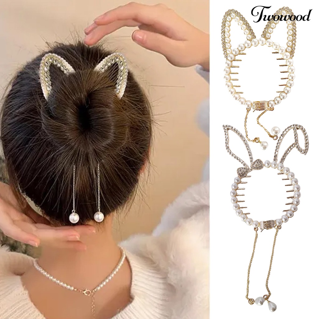 Twowood Shiny Rhinestones Faux Pearls Decor Ponytail Buckle Anti-slip Gigi Gadis Telinga Kucing Dekorasi Rumbai Liontin Rambut Penjepit Aksesoris Rambut