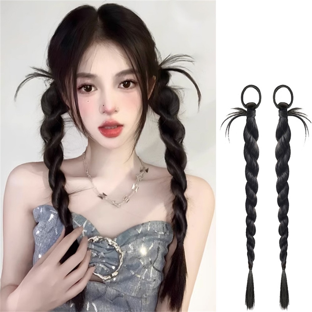 2pcs Y2K Gadis Keren Kepang Double Ponytail Wig Untuk Wanita Ekstensi Rambut 60CM