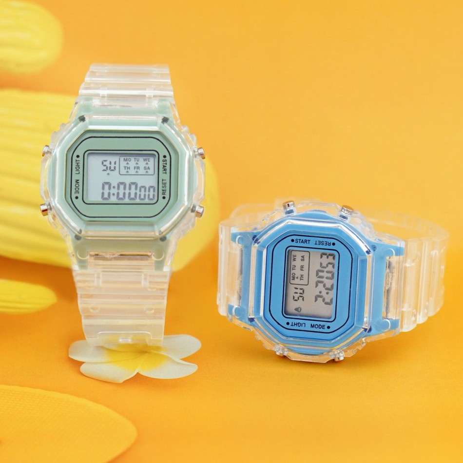 JAM TANGAN RUBBER DIGITAL SEGI DW-5600 TRANSPARAN MURAH KARET SPORT LED PRIA WANITA COUPLE JF059