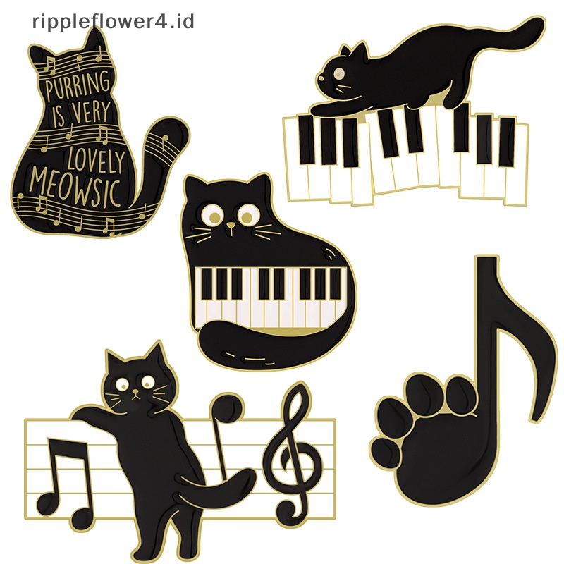 {rippleflower4.id} Piano Hitam Dan Putih Kunci Kucing Bros Enamel Pin Kitty Paw Black Cat Brooch Lapel Badge Fashion Kartun Hewan Dekorasi Medali Perhiasan~