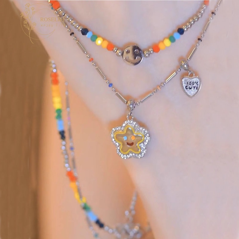 Roselife Korea Panas Warna-Warni Manik Rantai Hati Wajah Senyum Bintang Liontin Kalung Untuk Wanita Gadis Trendi Manik-Manik Rantai Kalung Fashion Perhiasan Aksesoris