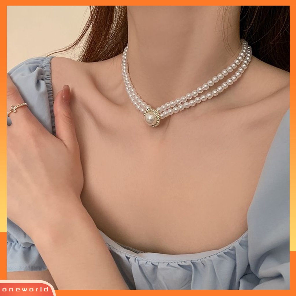 [WOD] 1set Kalung Pengantin Gaya Perancis Vintage Temperamen Double Layer Hadiah Elegan Hypoallergenic High Gloss Mutiara Imitasi Anting Cincin Perhiasan Pernikahan