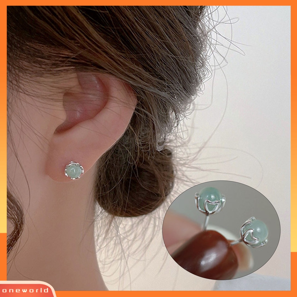 [WOD] 1pasang Ear Studs Shiny Imitasi Jade Inlay Ear Decoration Fashion Jewelry Piercing Studs Earring Wanita Perhiasan Hadiah Hadiah Hadiah Natal