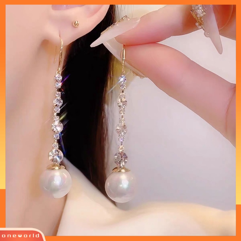 [WOD] 1pasang Anting Menjuntai Berlian Imitasi Bertatahkan Mutiara Imitasi High Gloss Poles Geometris Berdandan Aksesori Anting Panjang Kait Drop Earrings Untuk Tanggal