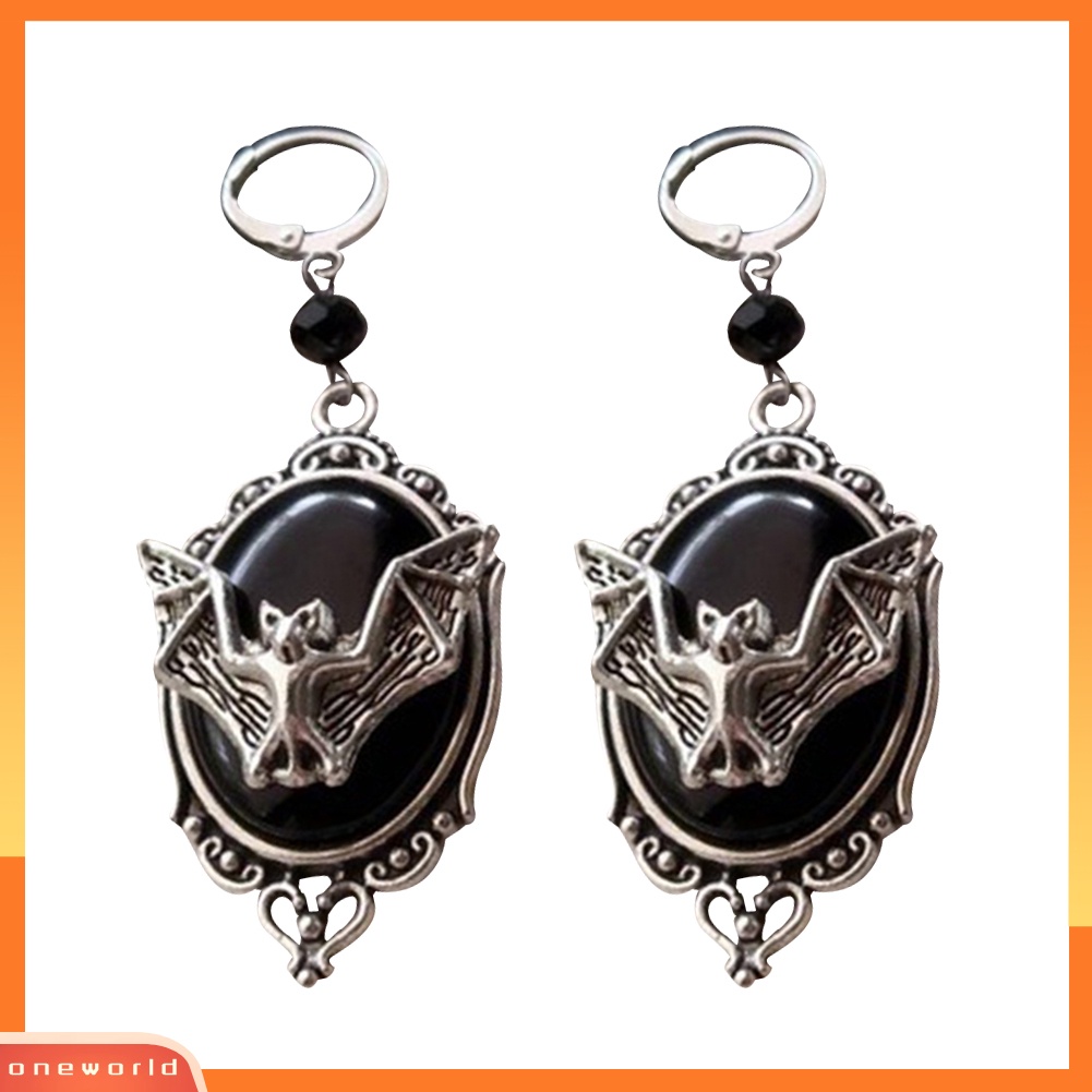 [WOD] Vintage Bat Cameo Oval Menjuntai Huggie Anting Wanita Halloween Pesta Perhiasan Hadiah